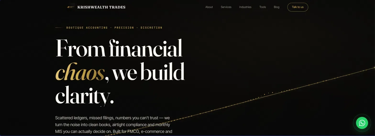Krishwealth Trades homepage hero reading “From financial chaos, we build clarity” on a dark background