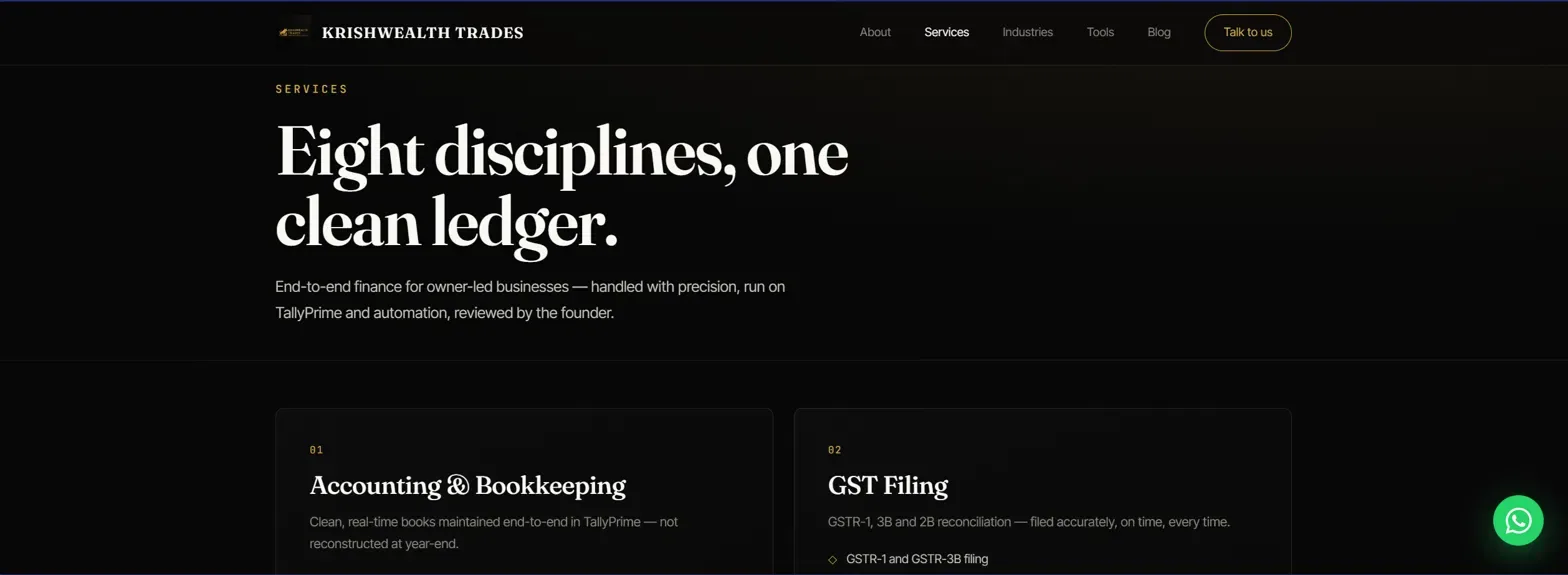 Krishwealth Trades services page headed “Eight disciplines, one clean ledger”