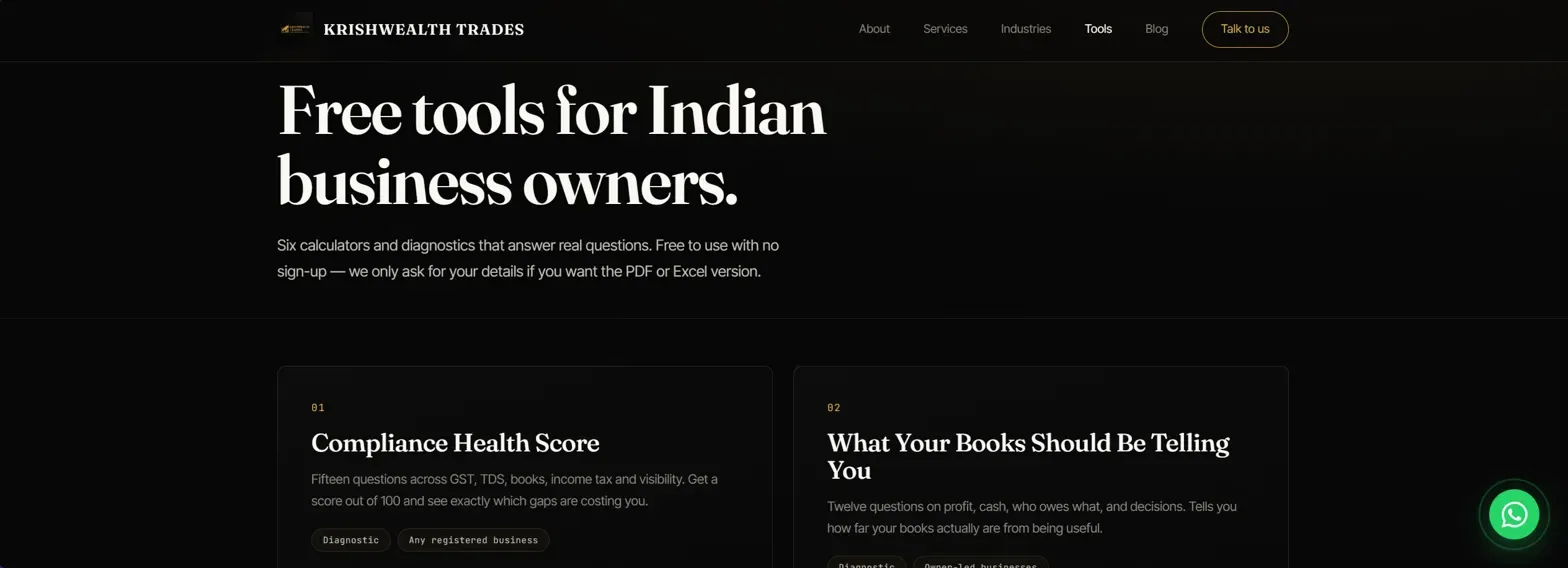 Krishwealth Trades tools page headed “Free tools for Indian business owners” listing six calculators