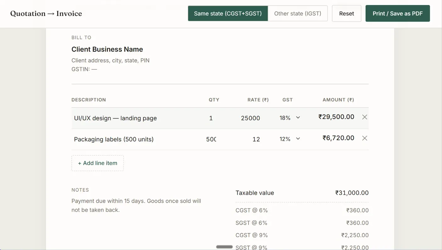 Quotation to Invoice tool showing line items with per-item GST rates and a CGST/SGST tax summary