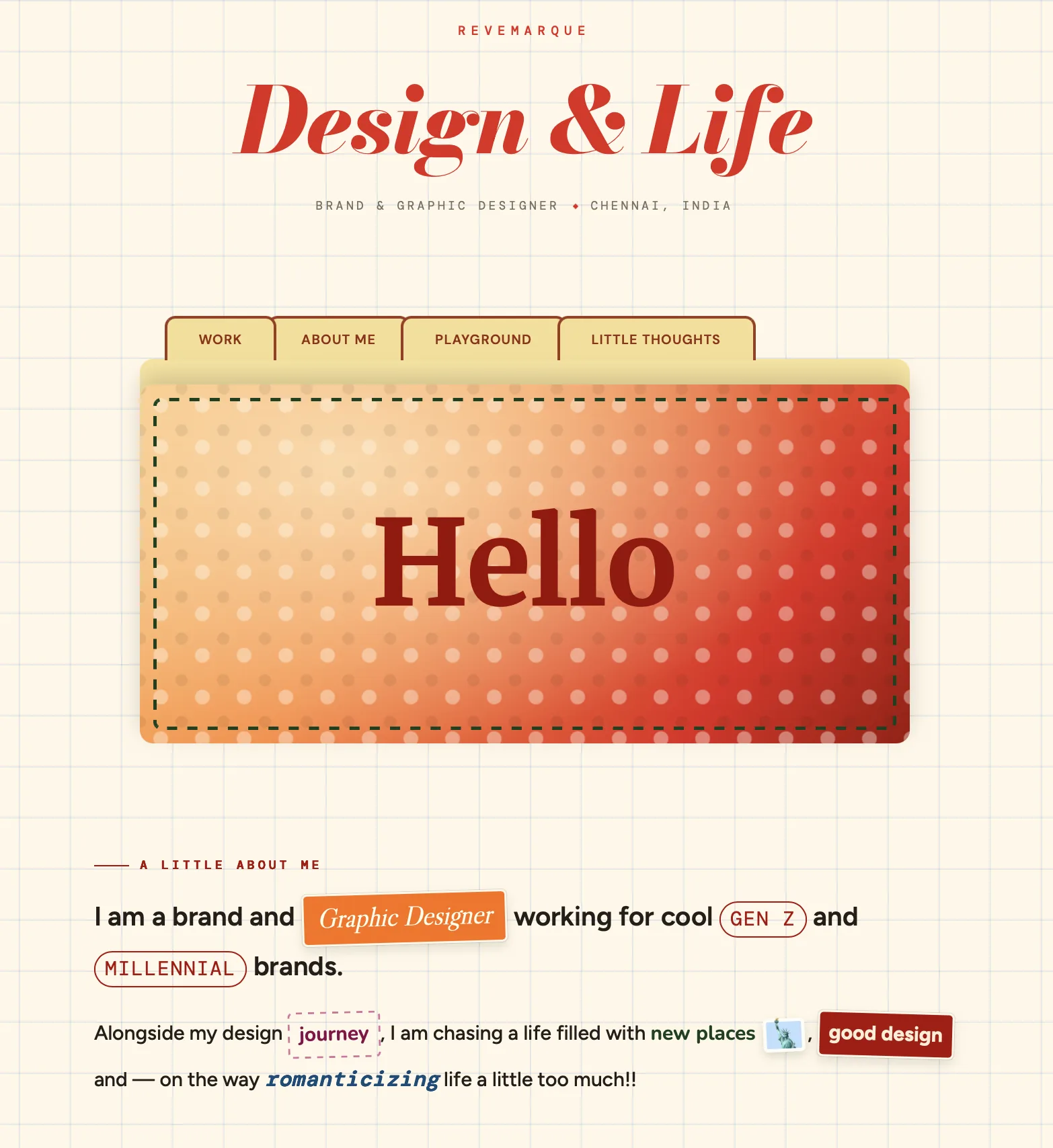 ReveMarque landing page with the “Design & Life” heading and a red-orange “Hello” folder graphic