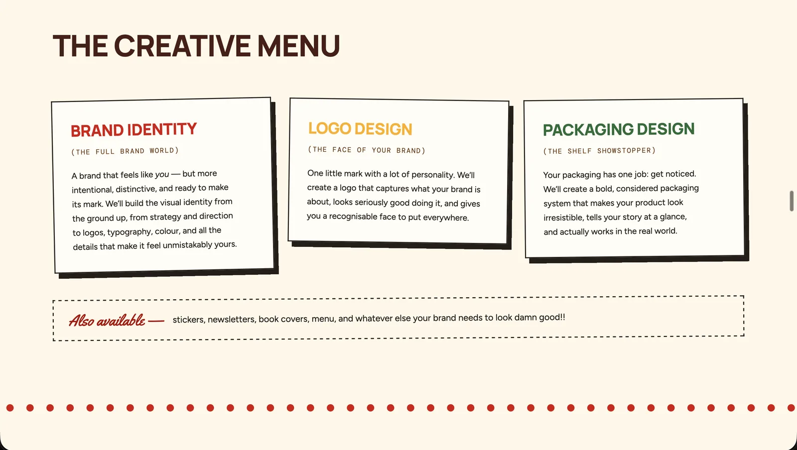 ReveMarque “The Creative Menu” section listing brand identity, logo design and packaging design