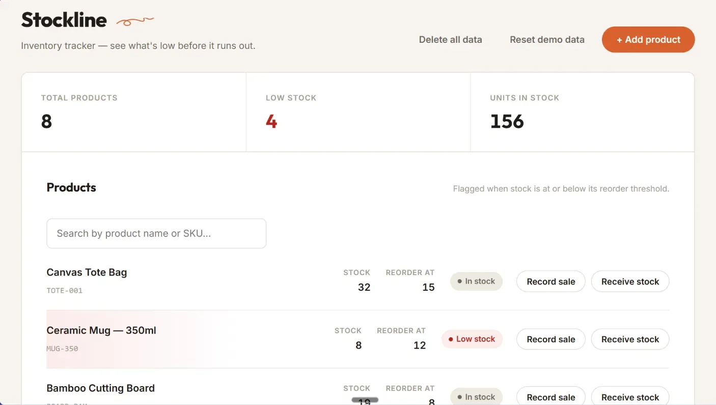 Stockline inventory tracker showing product counts, reorder thresholds and a low-stock flag